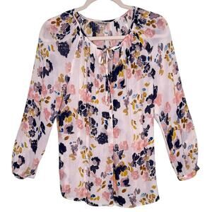 Lucky Brand Floral Peasant Boho Blouse Tie Neck Size Small